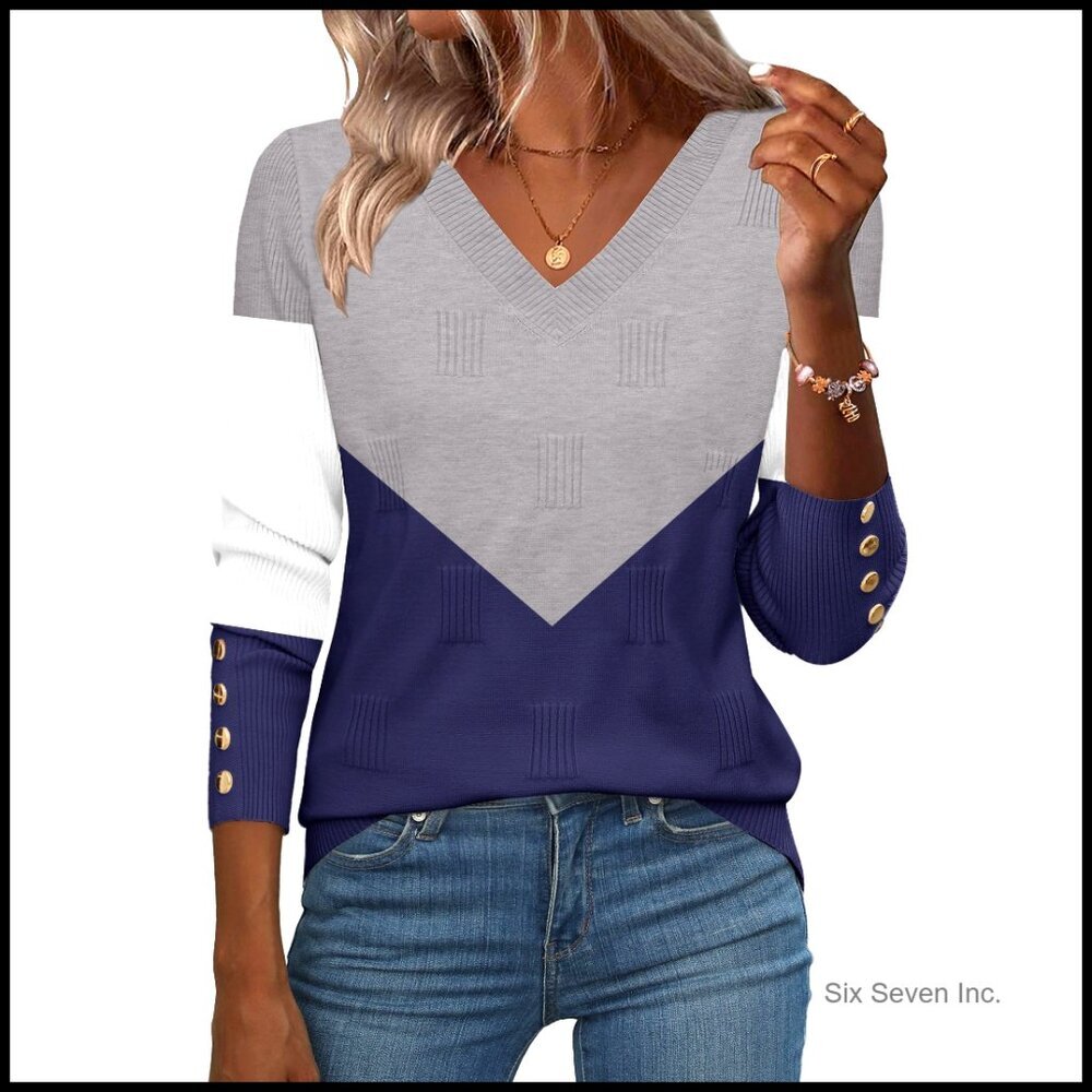 V-Neck Ribbed Knit Pullover Sweater Blouse Long Sleeve Lightweight Button Cuffs